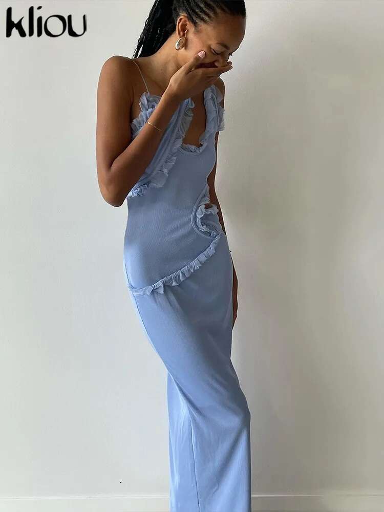 Kliou Ruched Trim Women Maxi Dress Solid Elegant Trend Asymmetrical Suspendency Sheath Concise Robe Female Banquet Party Vestido