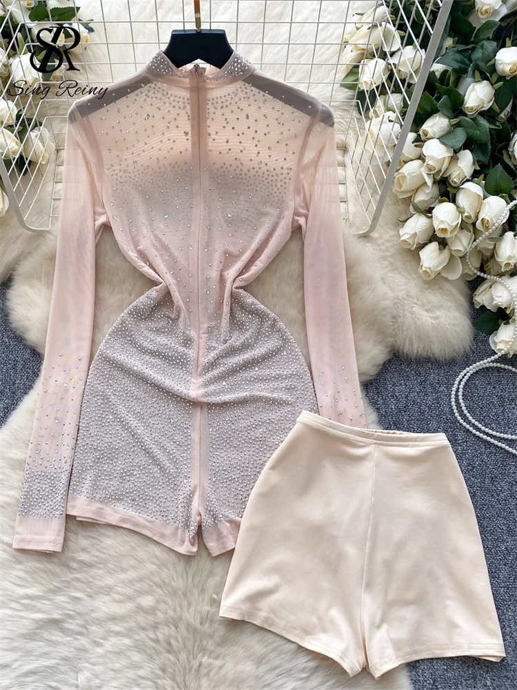 SINGREINY Summer Thin Sheer Sexy Bodysuit Long Sleeve Zipper With Shorts Rompers Beadings Streetwear Women Mesh Playsuits 250225
