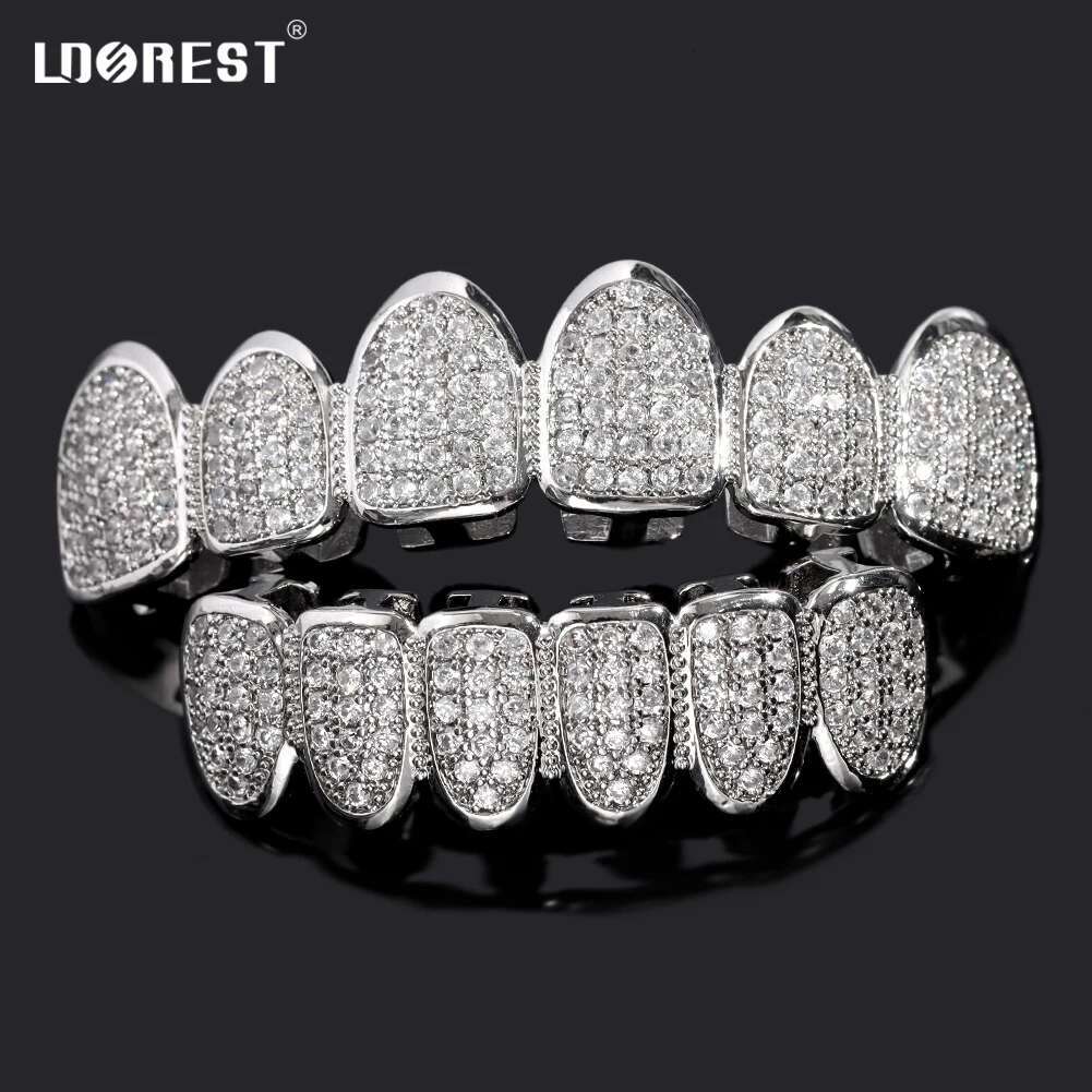 HipHop Iced Out Teeth Grillz Set For Men Women Bg Cubic Zircon Paved Top & Bottom Grills Tooth Caps Gold Plated Party Jewelry