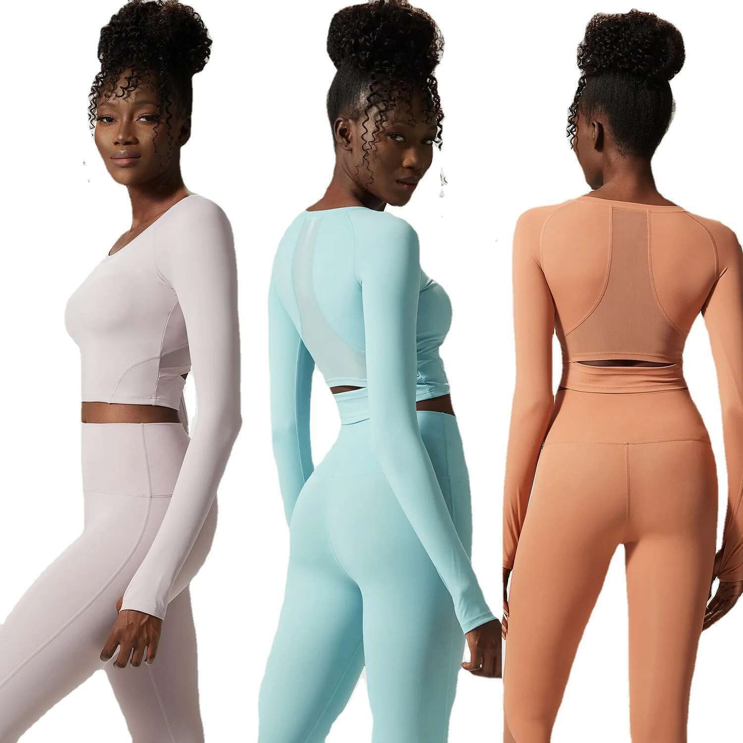 PMW Run Women's Pilates Wear Set Nude Fabric Yoga Padded Long Sleeve Crop Top Legging Pants Fiess Suit