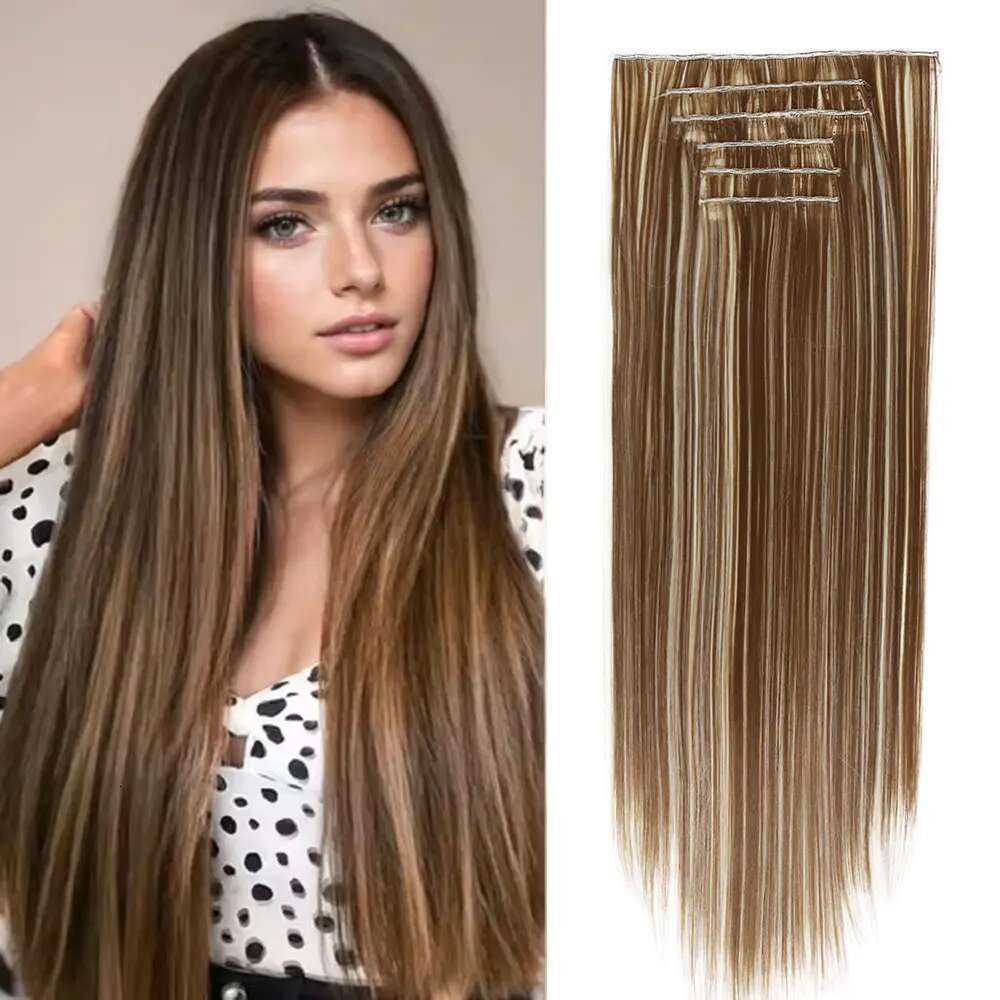 24Inch Synthetic In Long Straight Clip In Hair Extensions 6Pcs 16Clips Brown Blonde Hairpieces For Women