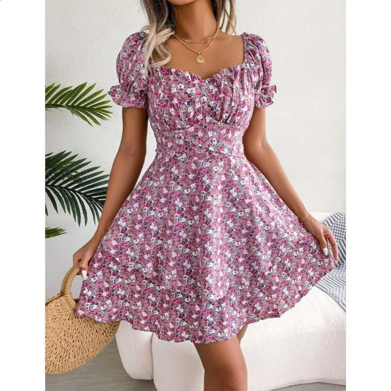 Dress For Women Summer Temperament Sexy Square Neckline Floral Pattern Waist Cinching Big Swing Short Skirt 250227Z