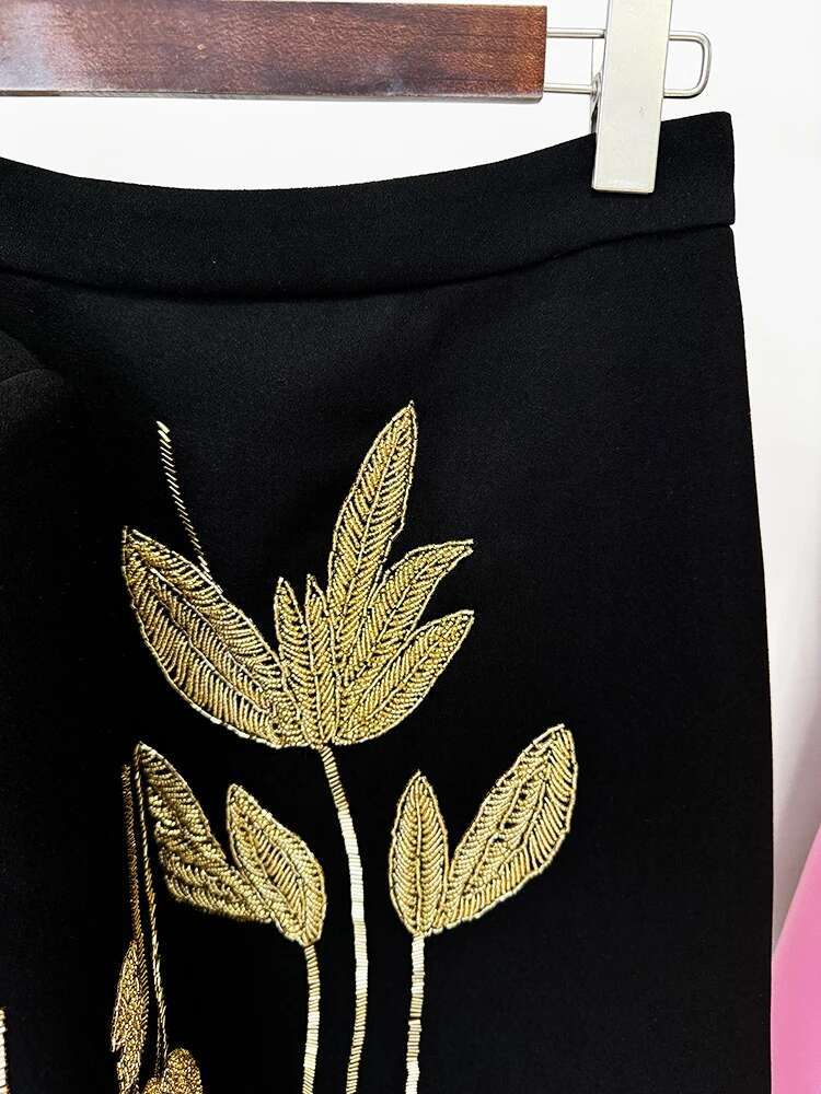 HIGH STREET Newest Fashion 2024 Designer Set Women's 3/4 Sleeve Beaded Cropped Jacket Midi Skirt Suit 2Pcs