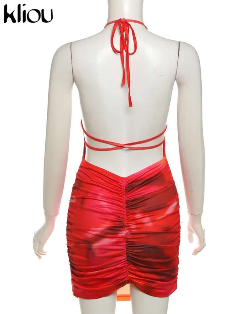 Kliou Shirring Mini Dresses Women Summer Holiday Halter Bandage Backless Gradient Printed Trend Vestidos Mujer Fashion Bodycon