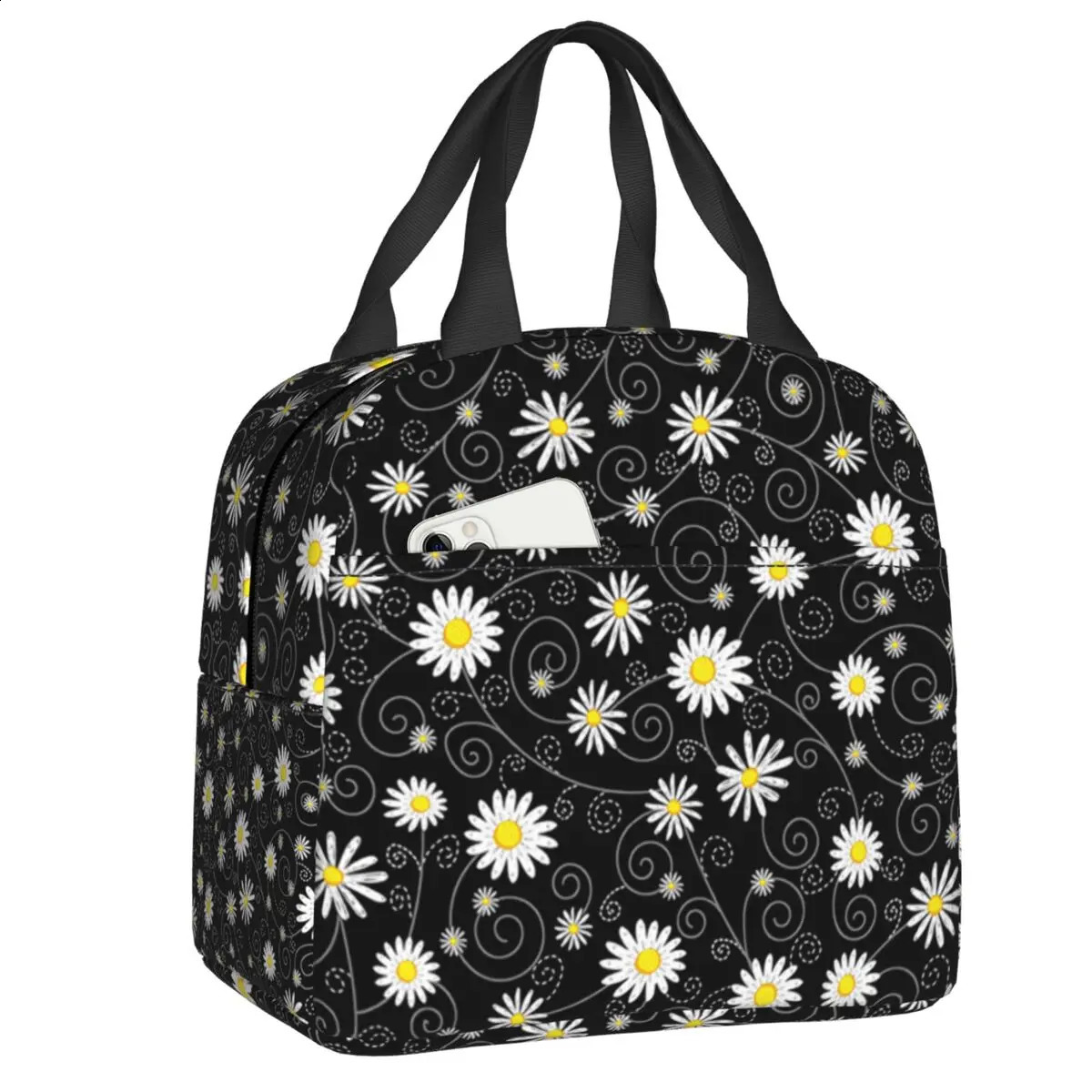 Black Daisy Flower Lunch Bag Daisies Floral Resuable Cooler Thermal Insulated Lunch Box for Women Camping Picnic Food Bag 250228
