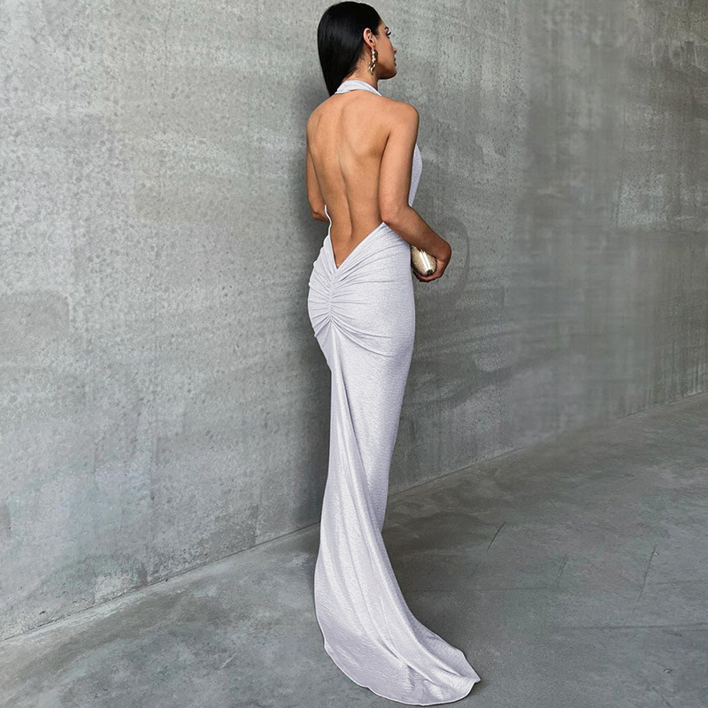 Women's Clothing New4 Summer New Product Fashionable Temperament Sexy Backless Pleated Neck Hanging Dress