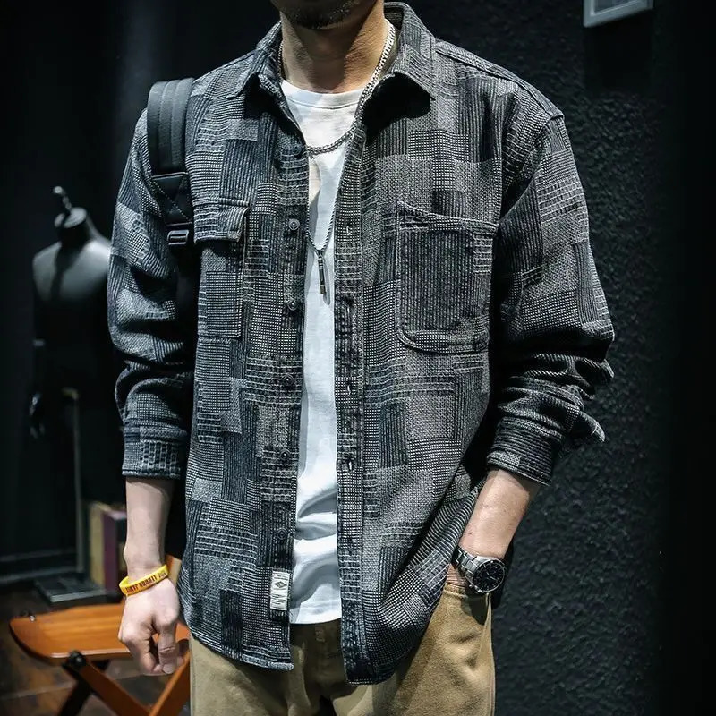 Fashion Lapel Button Pockets Printed Geometric Denim Shirts Mens Clothing 2024 Autumn Winter Loose Punk Tops Casual 250226
