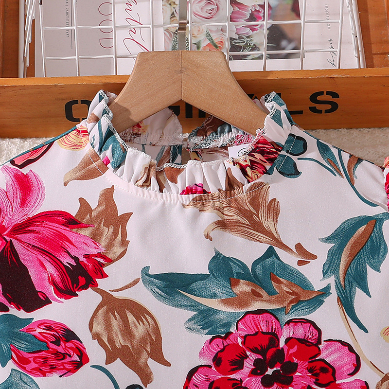 Kids Clothing Sets For Girls Sleeveless Flower Print Top And Solid Color Pants Stylish Girls Vacation Holiday Outfits Kids Suits D263