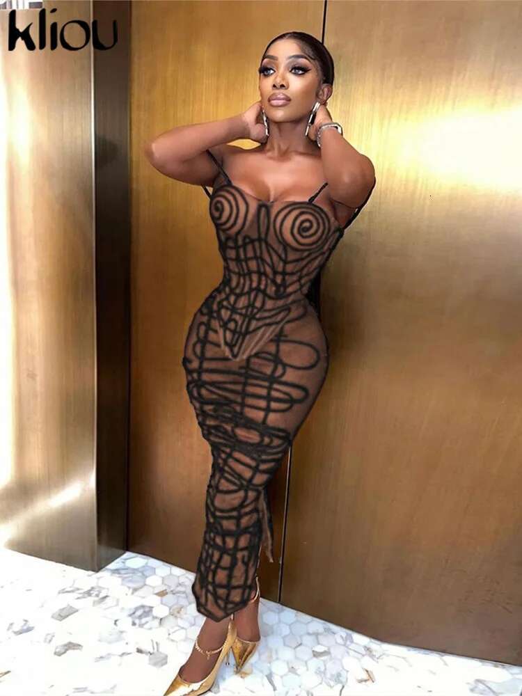 Kliou Summer Women Ankle-Length Sexy Mesh Two Piece Set K24s45555 Girl Striped Camis Slimming Tube+Hip Skirt Matching Attirewear