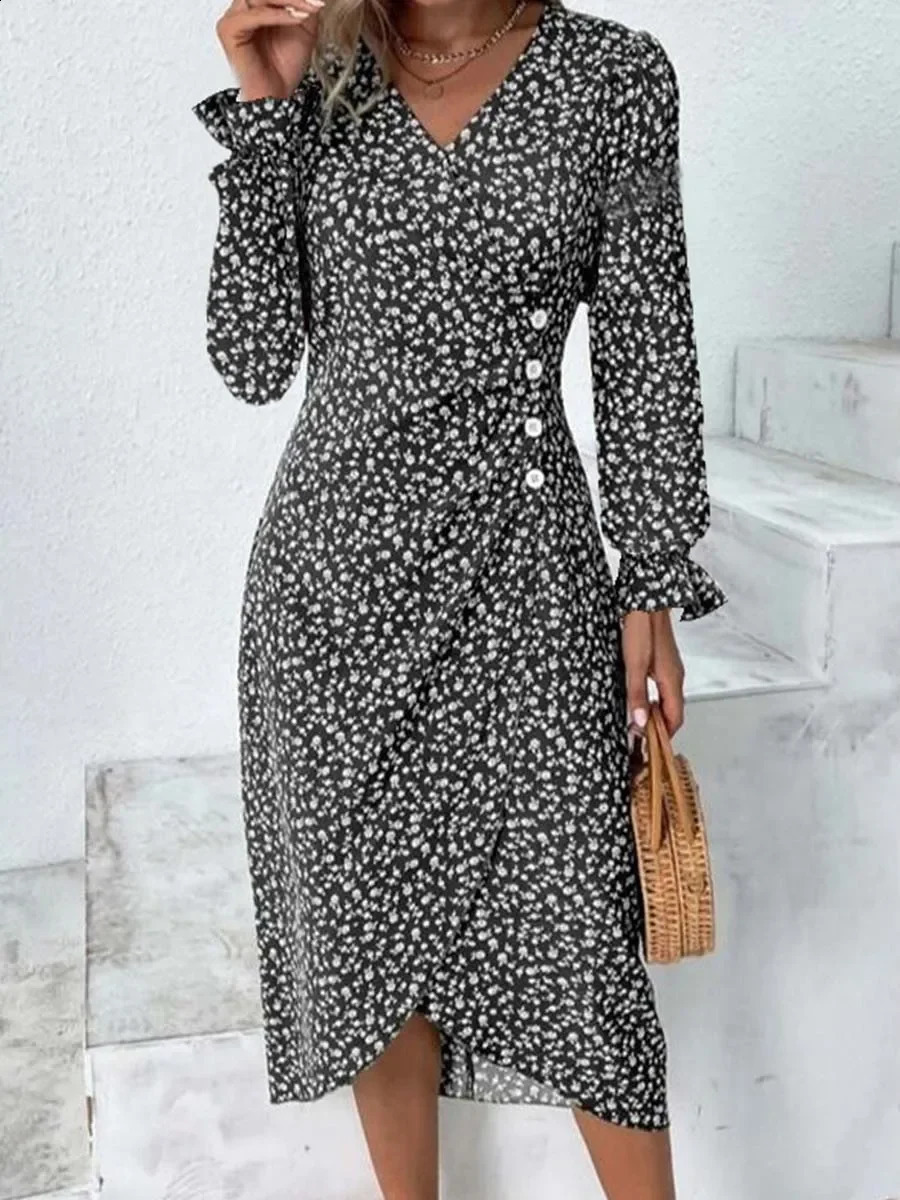 Spring Floral Bodycon Midi Dress For Women V Neck Long Sleeve Ruched Slim Fit Dresses Female Sexy Dress 250226