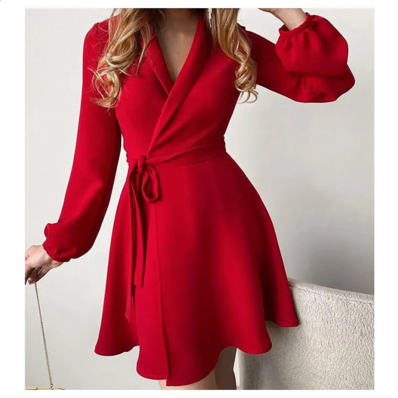 Womens Summer Style Onepiece Color Blocked Lace Up Dress With Vneck Long Sleeved High Waisted Retro Floral Short Skirt 250227Z
