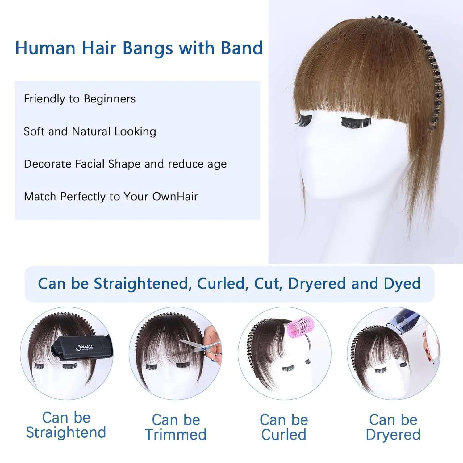 Human Toppers Rhie Women Clip In Bangs With Band Straight Wiglets Hairpiece For Thinning Hair
