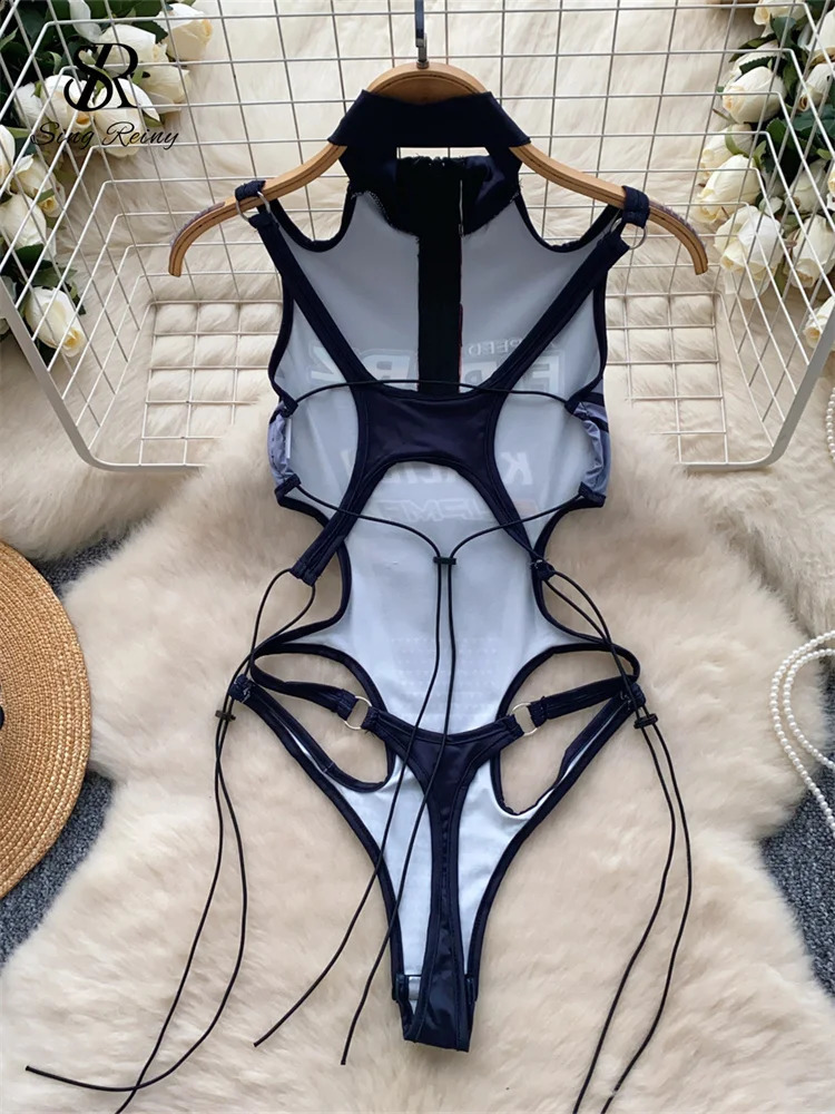 SINGREINY Female Sensual Letter Print Bodysuits Open crotch Sheath Playsuits Fashion Hollow Out Backless Lace Up Sexy Rompers 250225
