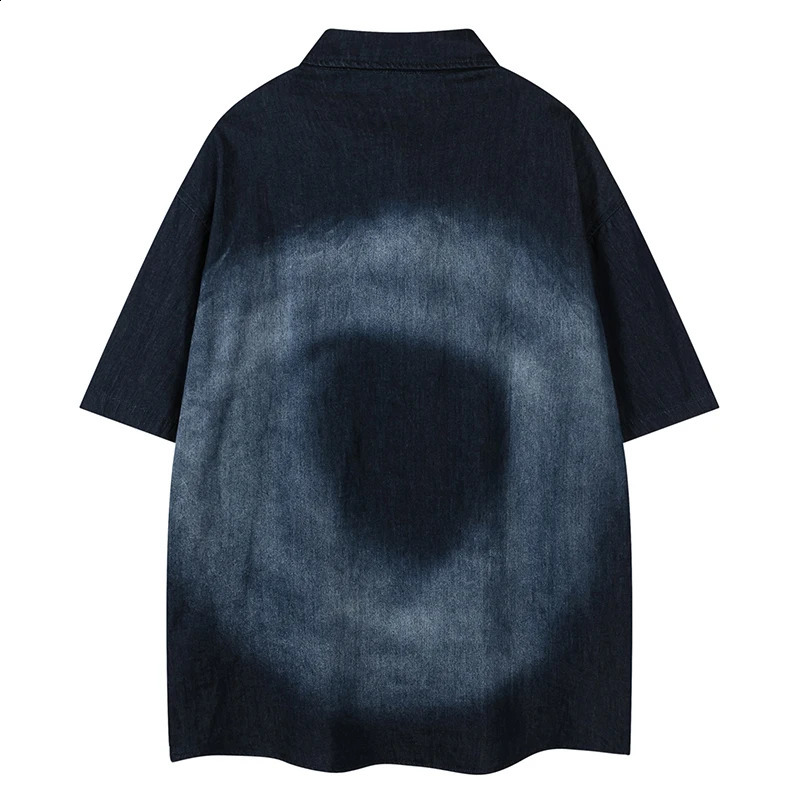 Summer Mens Short Sleeve Denim Shirts Hip Hop Cartoon Embroidery Vintage Blouses Harajuku Streetwear Casual Fashion Loose Shirts 250225