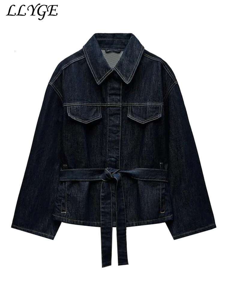 Designer Vintage Belt Denim Jacket Pants Set Women Lapel Single Breasted Jackets Pockets Straight Jeans Spring Lady Street Outfits