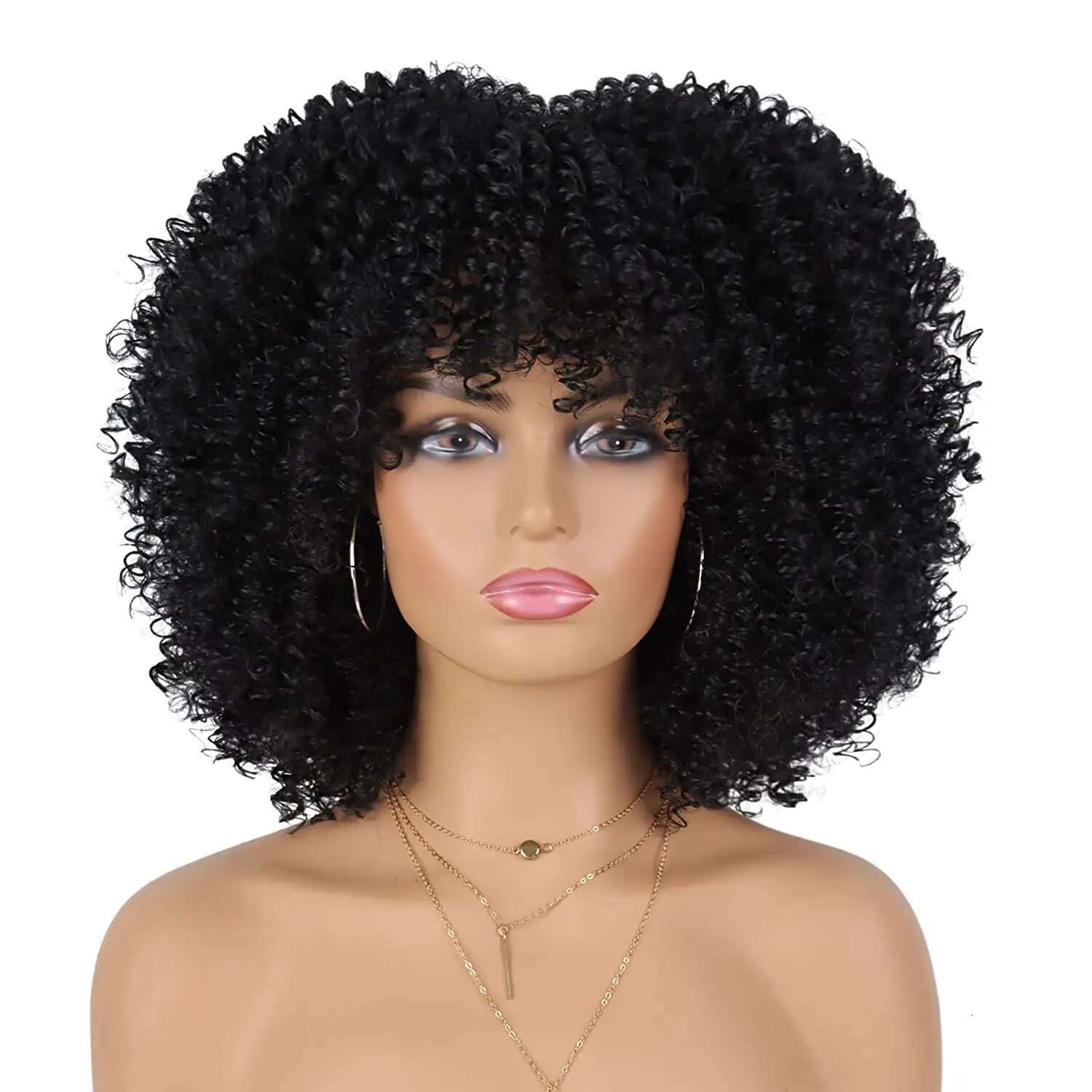 Short Synthetic With Bangs Wigs 12 Inch Natural Afro Kinky Curly Hair Wig For Daily Party