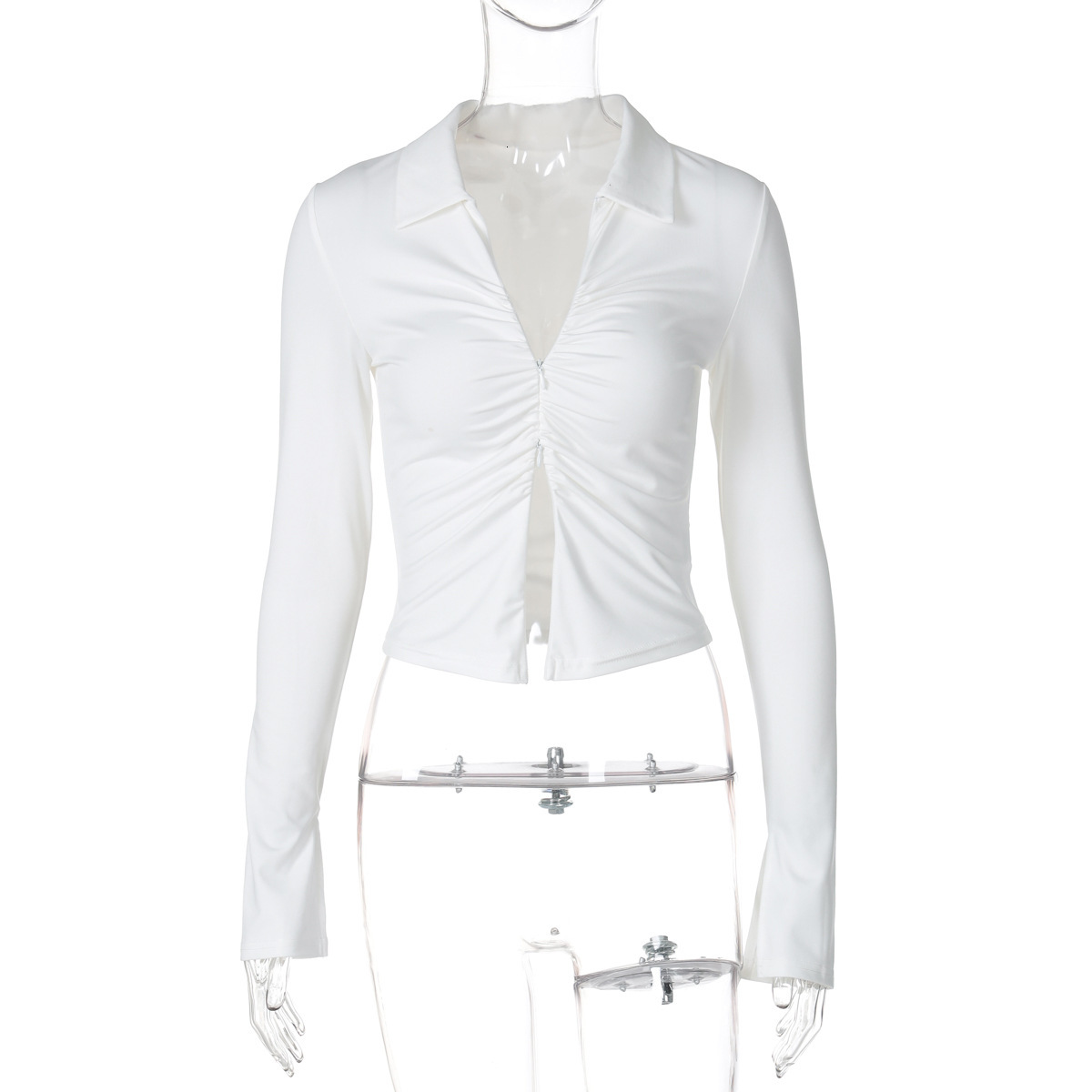 Hot Selling Women's Clothing New4 Autumn New Product Fashionable Crop Slim Fit Zipper Lapel Long Sleeved T-Shirt Top