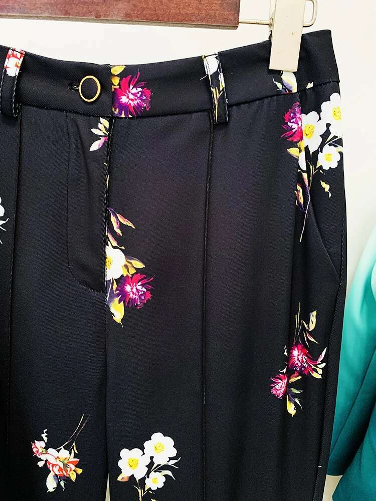 HIGH STREET Newest 2024 Designer Set Women's Elegant Ral Printed Single Button Blazer Flare Pants Suit 2Pcs