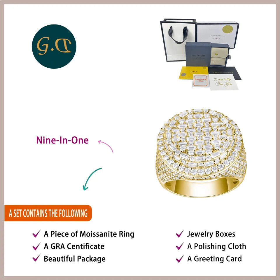 11.9 CTW Hip Hop Statement Diamond Ring for Men 18K Gold Plated S925 Sterling Silver with Bold Urban n 250227
