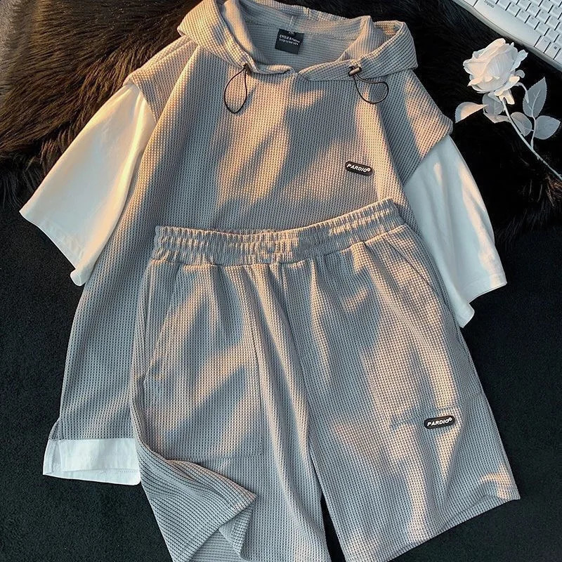 Summer Mens Fashion waffle short sleeved T-shirt two-piece mens casual and comfortable plus size high-quality sports set 5XL 250225