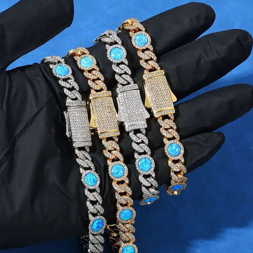 Hip Hop Jewelry 8mm Wide Fashionable Men's And Women's Blue Opal With Cubic Zirconia Sparkg Cuban Chain Necklace