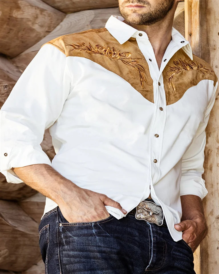 2024 Western denim mens shirt buttondown lapel casual long sleeve high quality oversized size 250226
