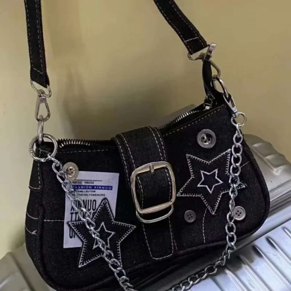 Y2k Women's Handbags Stars Pattern Cool Girls Underarm Bag Fashion Canvas Female Small Shoulder Bags Chain Tote Purses
