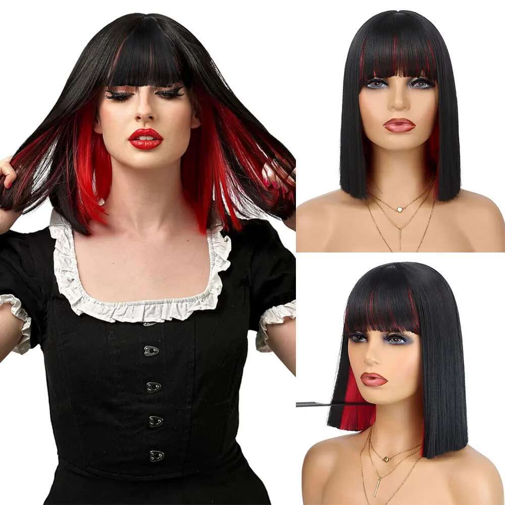 Synthetic Short Straight With Bangs Women Peekaboo Wigs Two Color Bob Wig For Daily Party Use
