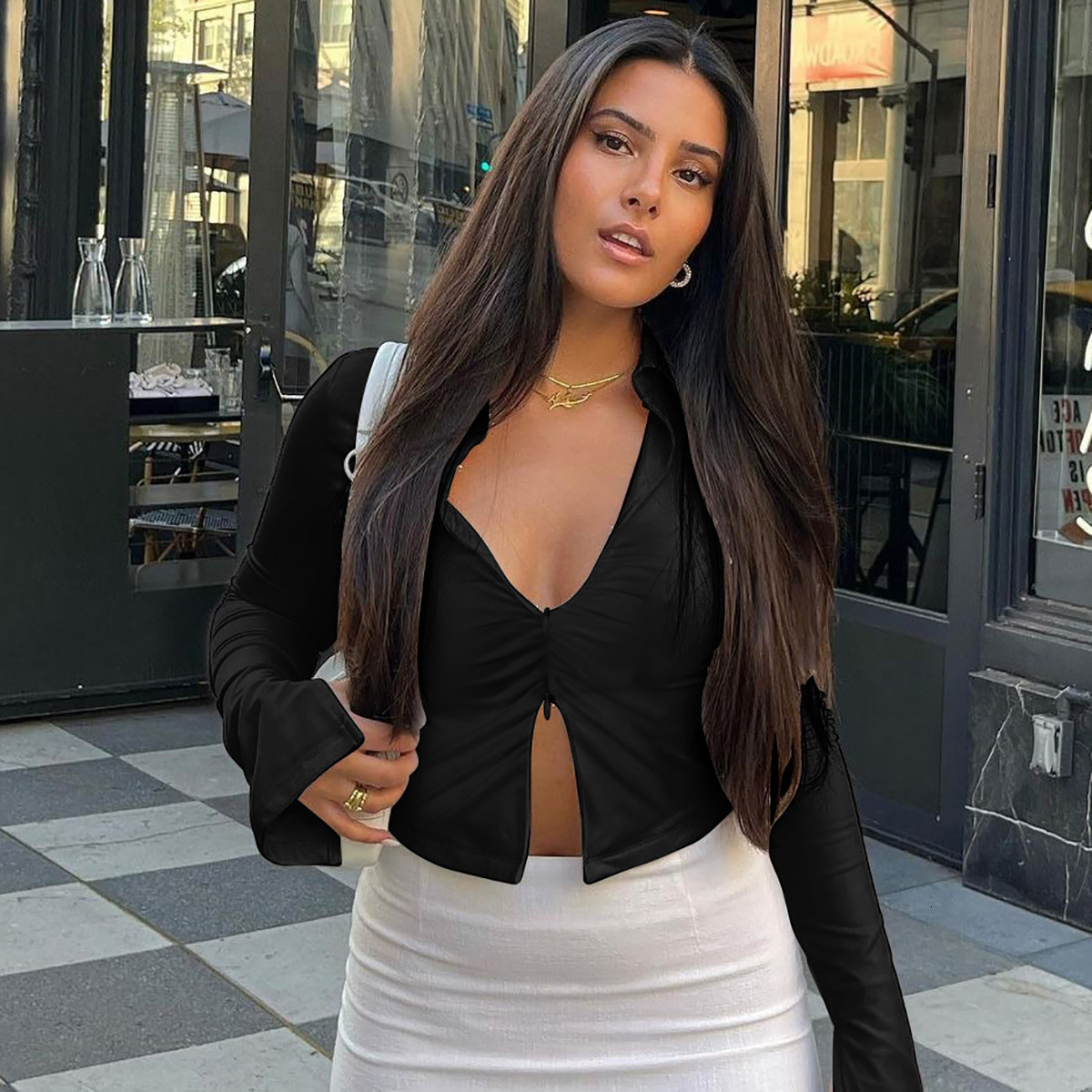 Hot Selling Women's Clothing New4 Autumn New Product Fashionable Crop Slim Fit Zipper Lapel Long Sleeved T-Shirt Top