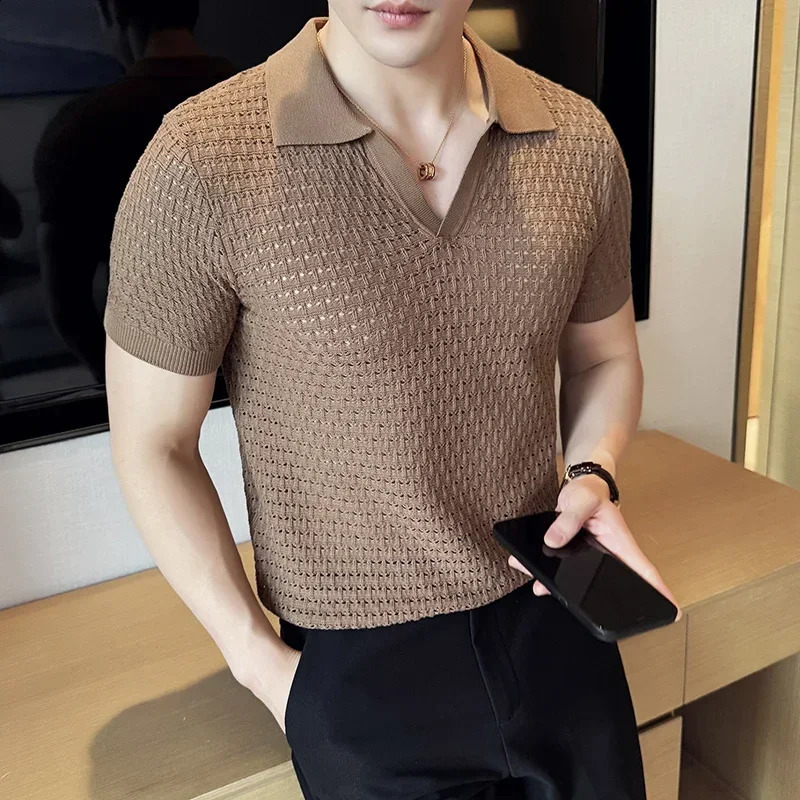 Mens Polo Shirt Summer Light and Thin Knitted Hollow Solid Color Casual Short Sleeved V-neck T-shirt Mens Clothing 250228