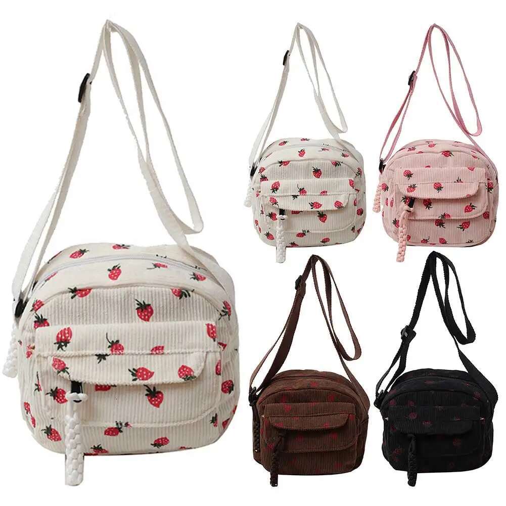 Cute Strawberry Fashion Slant Corduroy Shoulder Bag With Casual Zipper For Women