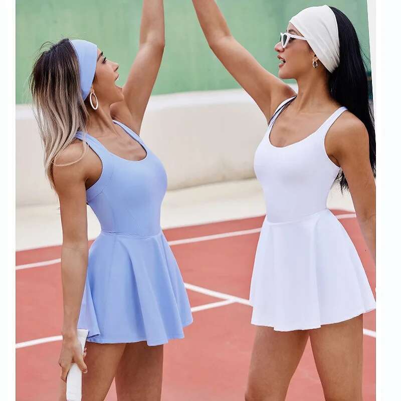 Women Tennis Dress One-Pieces Slim Fit Soft Sports Sets Golf Badminton Skorts Back Cross Tracksuits With Chest Pads Yoga Suits