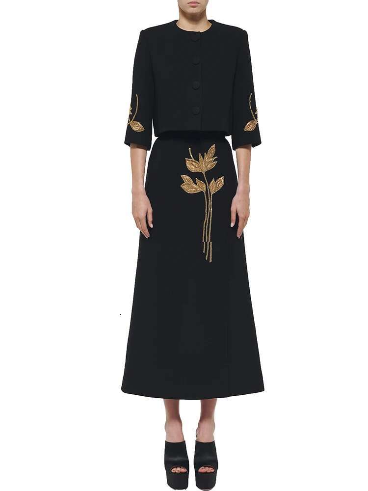 HIGH STREET Newest Fashion 2024 Designer Set Women's 3/4 Sleeve Beaded Cropped Jacket Midi Skirt Suit 2Pcs