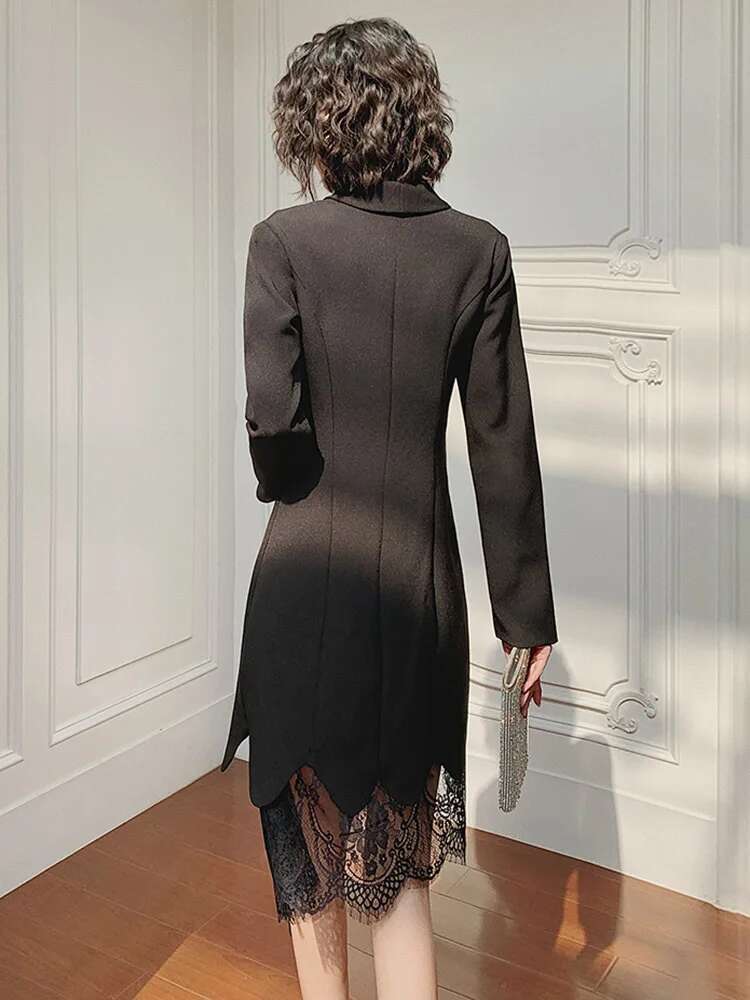 DEAT Fashion Women's Dress Notched Doube Breasted Irregular Hem Lace Spliced Slim Suit Jackets Summer 2024 New Tide 7Ab4231