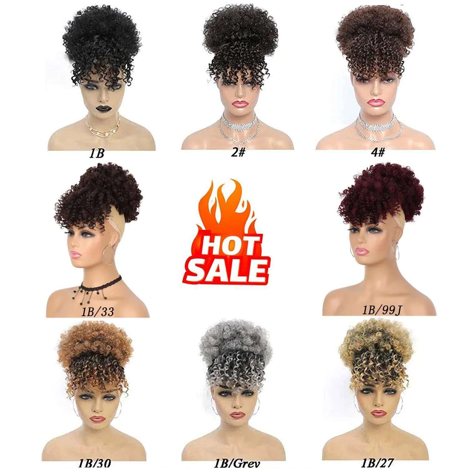 Drawstring With Bangs Synthetic Afro Puff Ponytail Extensions Short Curly Clip In Wrap Updo Hairpiece For Women