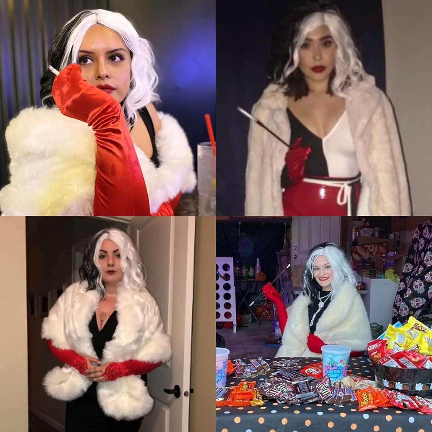 Cruella De Vil Synthetic 14"Short Curly Bob Wavy Wig Body Wave Halloween Cosplay Daily Women Girls Party Wigs (Black And White)