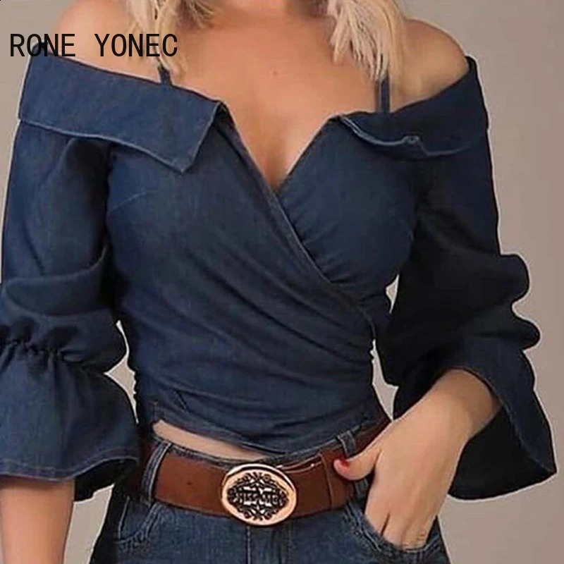 Womens Chic Off Shoulder Three Quarter Flared Sleeves Denim Summer Blouse Tops 250228