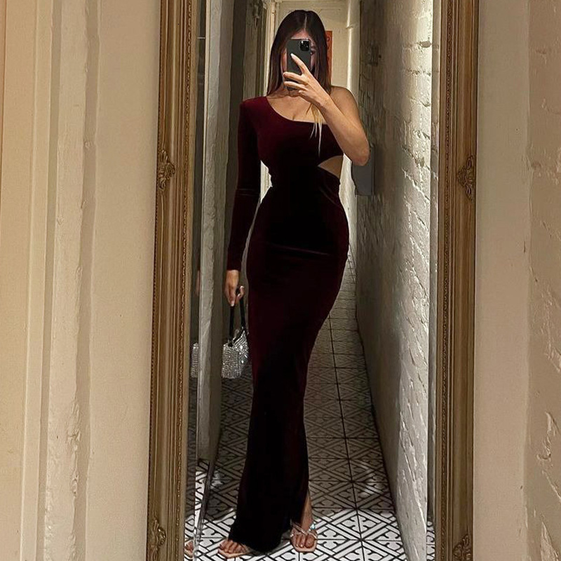 Wind Women's Clothing New Autumn New Fashionable And Sexy Side Hollow Slit Slim Fit Single Shoulder Dress