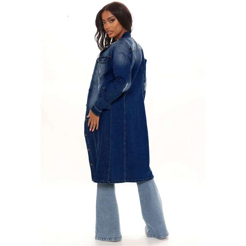 New Arrival Fashion Hole Cotton Aumn Winter Denim Jacket 2023 Trench Cardigan Jeans Cape Women Long Sleeve Jean Coat