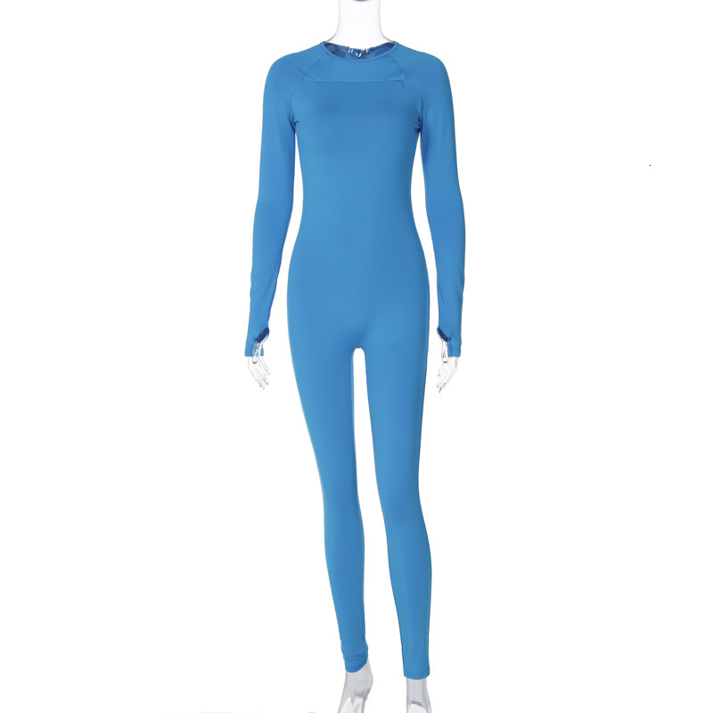 Women's New4 Spring New Fashion Street Shoot Solid Color Slim Fit Round Neck Long Sleeved Jumpsuit