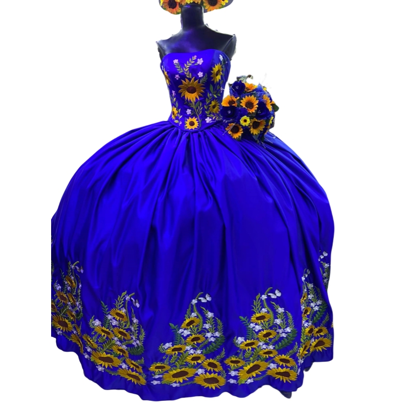 Embroidery Sunflowers Quinceanera Dress Strapless Royal Blue Satin Long Sweet 16 Dresses Mexican Charro Vestido De 15 Anos Prom Boutique Party Ball Go