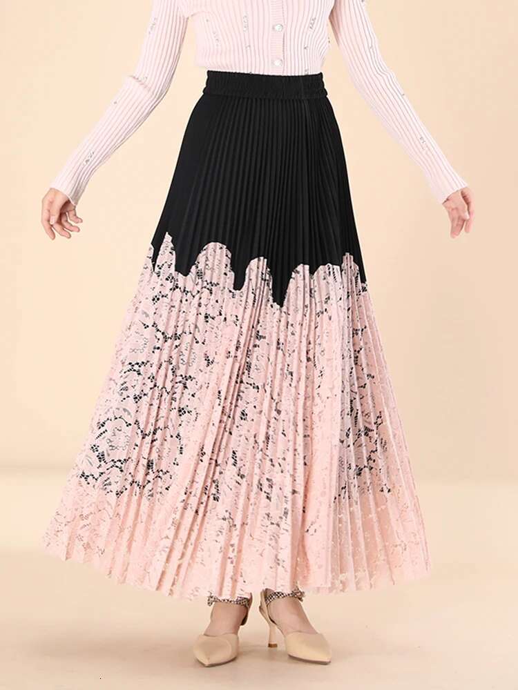 IEQJ Lace Spliced Printing Pleated Skirts For Women High Waist Loose Causal Colorblock Skirt Female Fashion New Clothes 3Wq8666