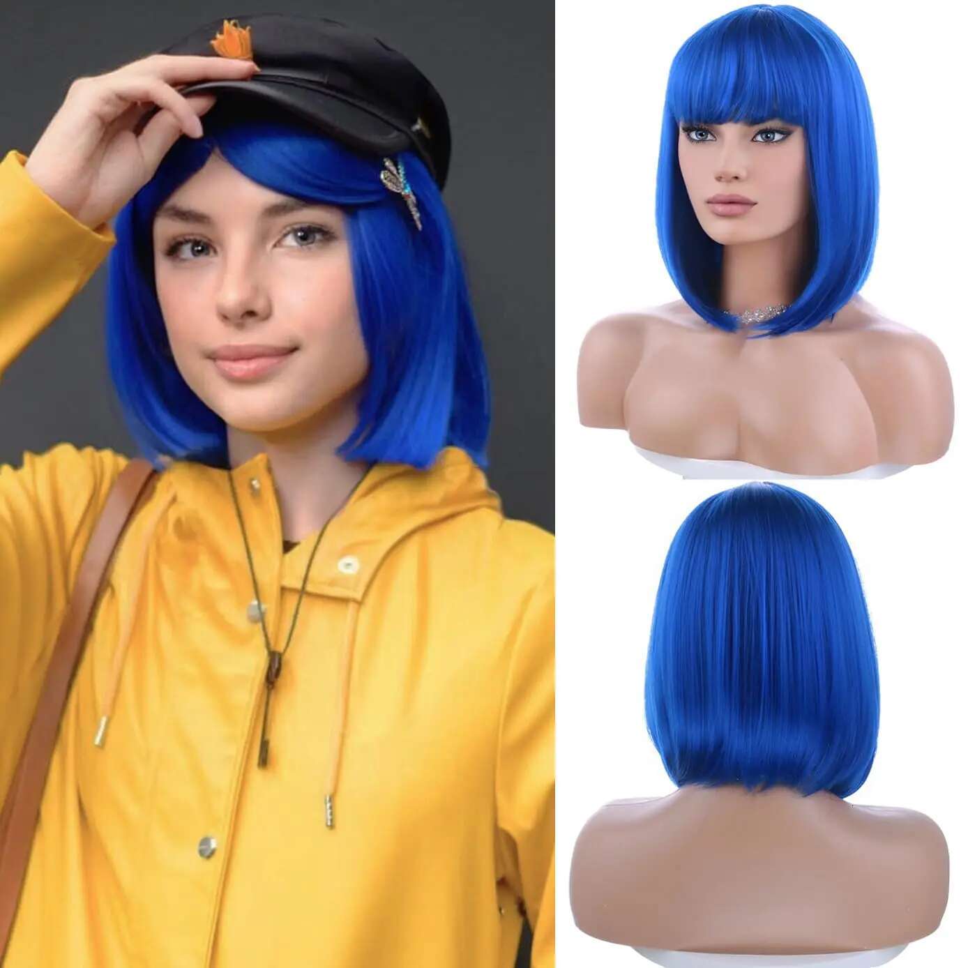 Synthetic Dark Blue Bob Cosplay Dragoy Hairpin + Necklace For Party Halloween Costume Women's Wig