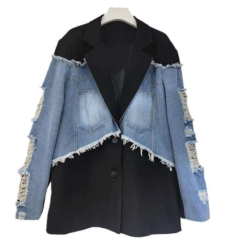 DEAT New Fashion Women's Contrasting Color Patchwork Suit Denim Jacket Loose Notched Long Sleeve Coat Female 2024 Autumn 11A0985