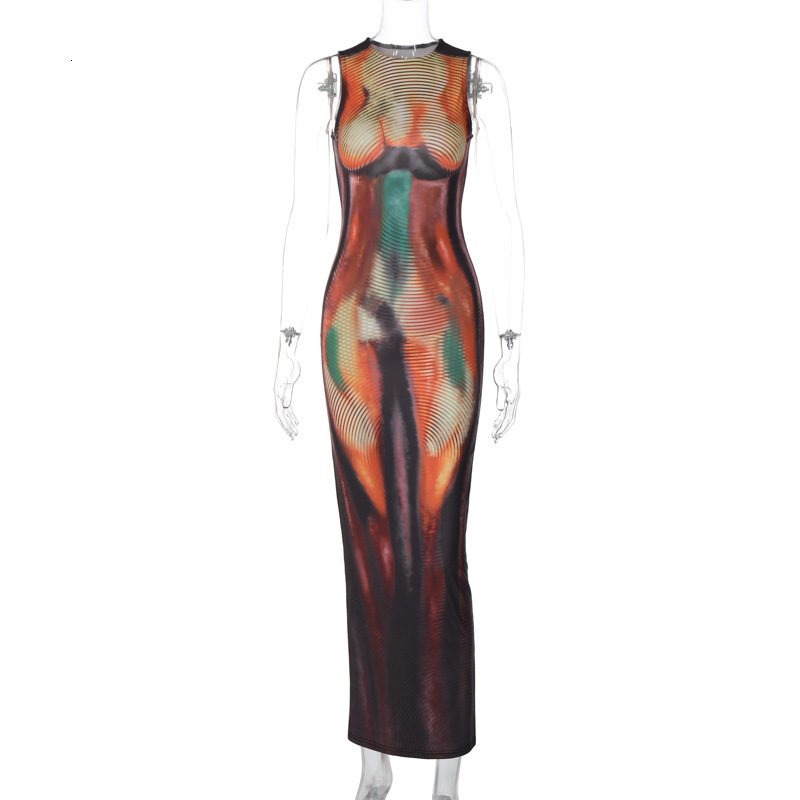 Women's New4 Summer New Fashion Print Slim Fit Round Neck Sleeveless Dress