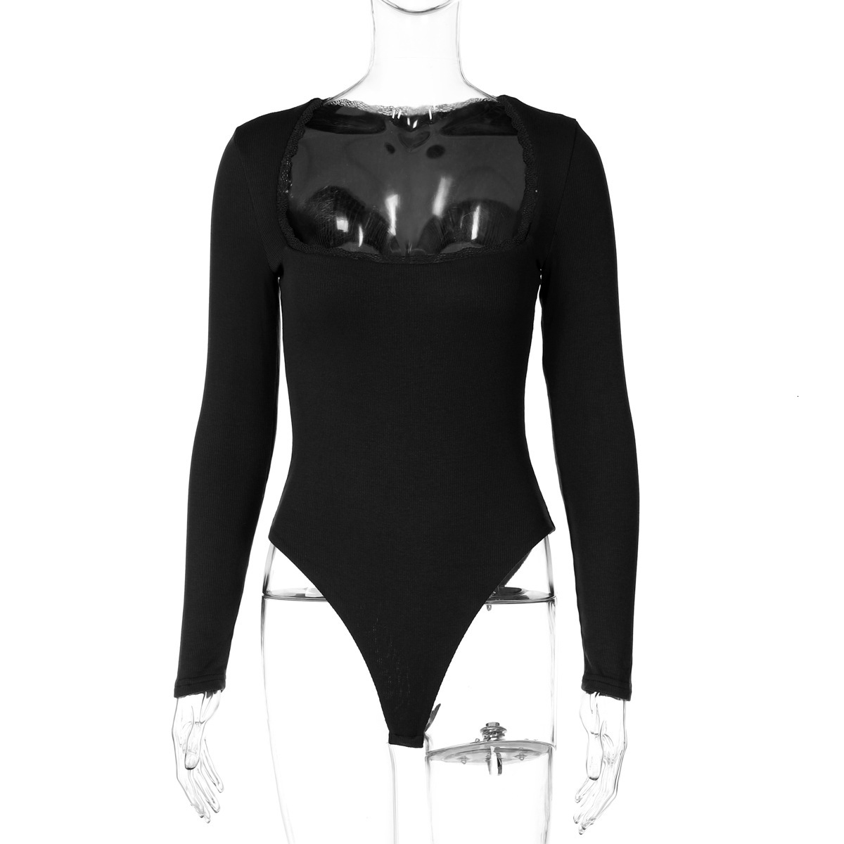 Women's New4 Winter New Product Fashionable And Sexy Square Collar Lace Slimming Bottom Long Sleeve Jumpsuit