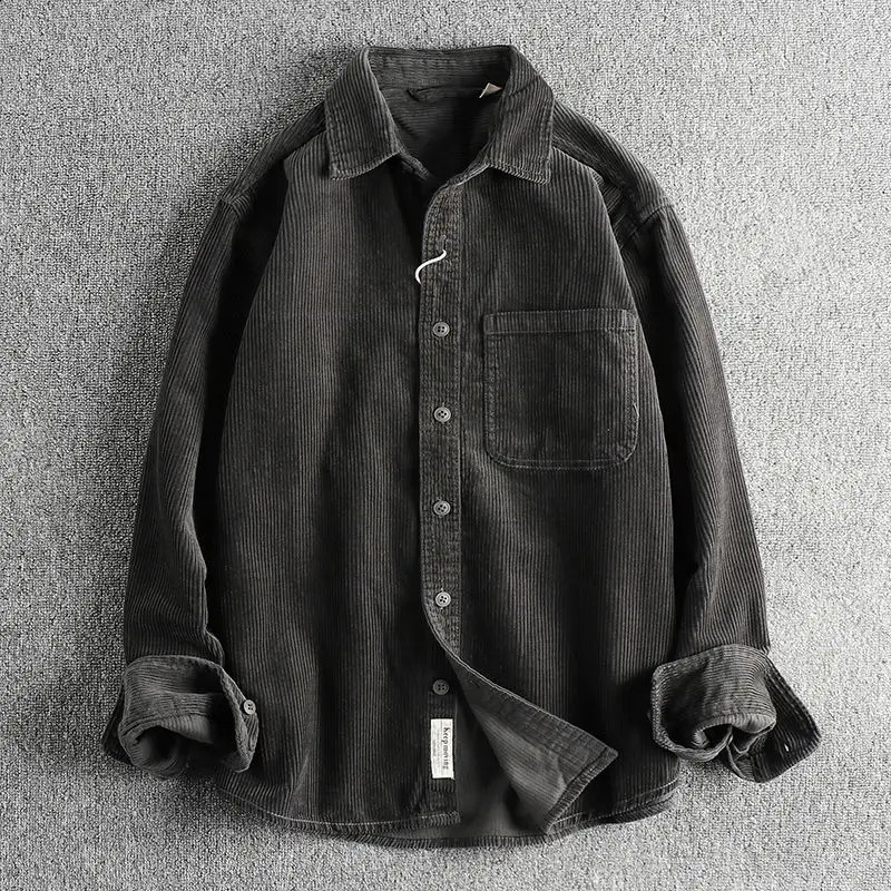 Spring and Autumn Mens Button Simple Casual American Loose Retro Pocket Collar Jacket Mens Autumn 250225