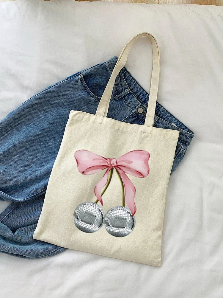 1pc Women Canvas Shoulder Cherry Pattern Shopper Fabric Handbag Students Books Bag Shopping Handbags Tote For Girl 250221