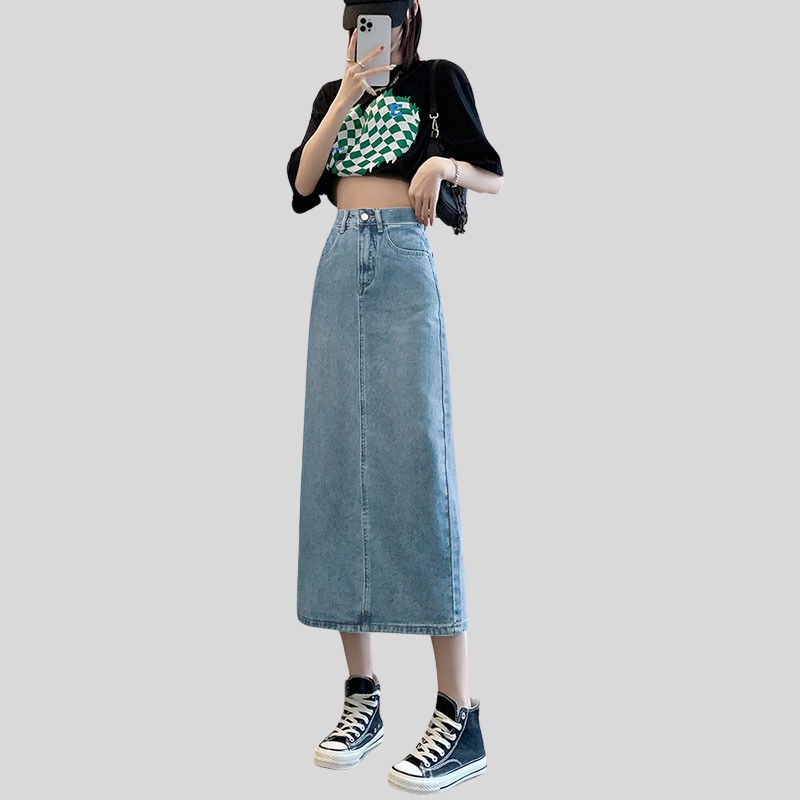 Spring women's clothing medium and long skirt high waist and thin A-shaped skirt spring clothing new denim split skirt