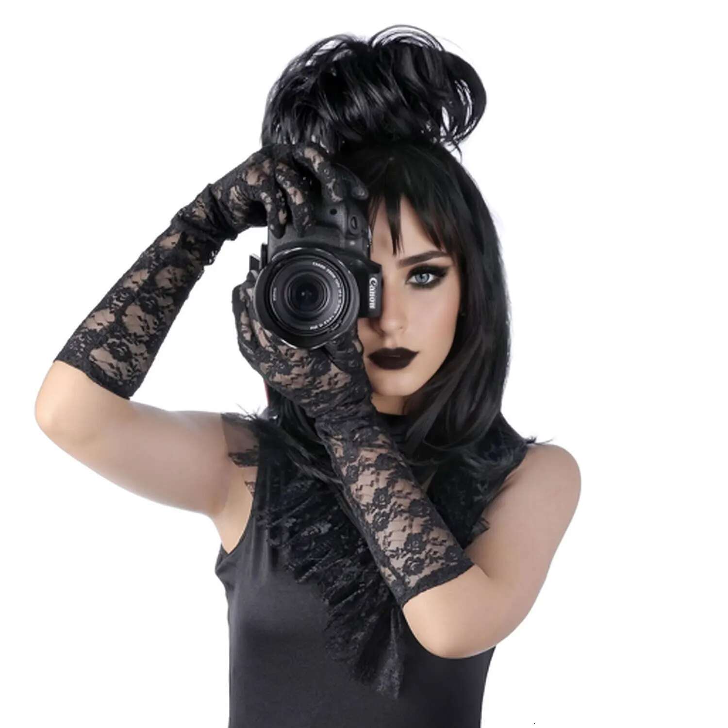 Black Cosplay Wig With Bun Synthetic Bride Costumes,Halloween Costume For Lydia Deetz Wigs For Women